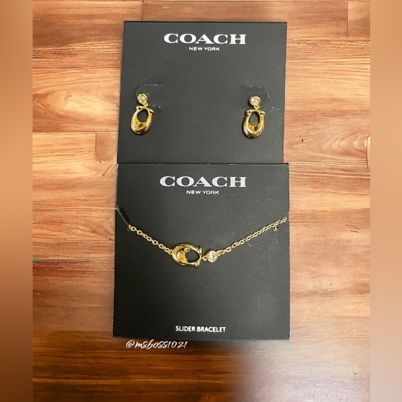 COACH SET Gold Signature “C” Earrings + Matching Slider Bracelet BRAND NEW - Picture 1 of 5